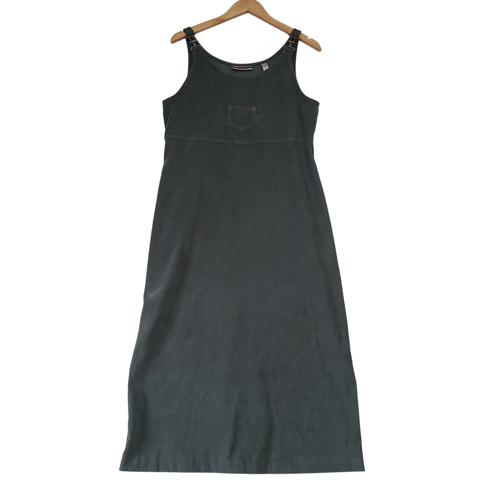 Amanda Smith Petites Midi Dress Womens PM Green Faux Suede 90s Sleeveless Pocket